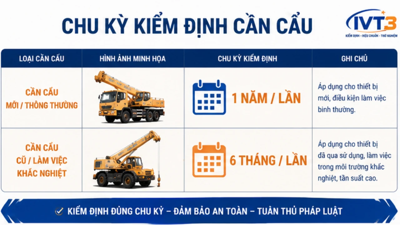 Bảng tóm tắt chu kỳ cần cẩu bao lâu kiểm định 1 lần theo quy định pháp luật hiện hành Bảng tóm tắt chu kỳ cần cẩu bao lâu kiểm định 1 lần theo quy định pháp luật hiện hành