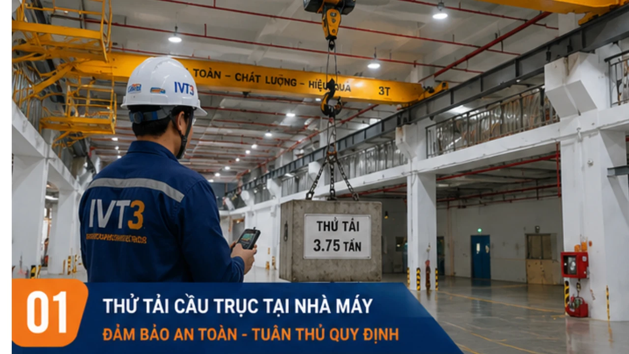 Kỹ thuật viên IVT3 thực hiện thử tải cầu trục tại nhà máy theo đúng tiêu chuẩn kỹ thuật an toàn Kỹ thuật viên IVT3 thực hiện thử tải cầu trục tại nhà máy theo đúng tiêu chuẩn kỹ thuật an toàn