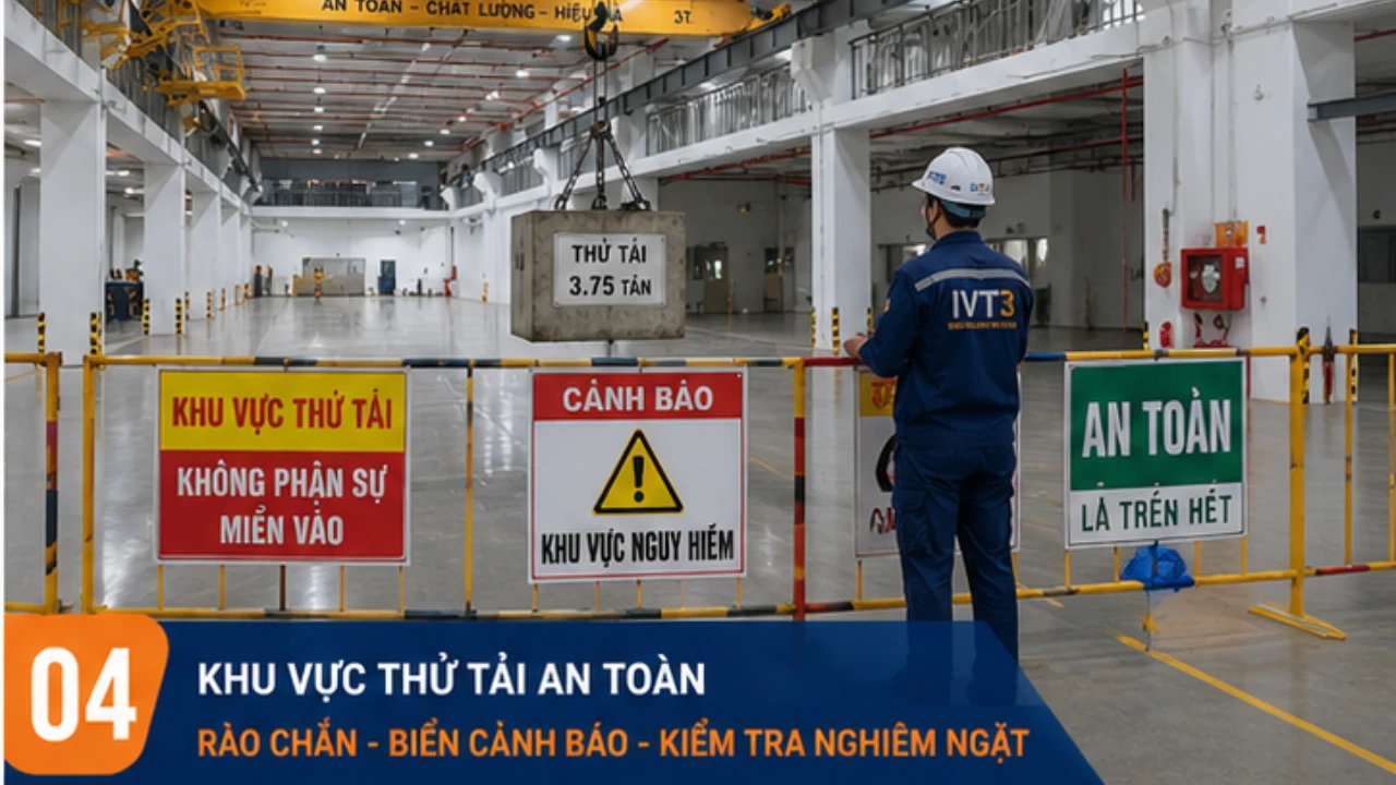 Khu vực thử tải cầu trục được đảm bảo an toàn tuyệt đối theo quy trình kiểm định của IVT3 Khu vực thử tải cầu trục được đảm bảo an toàn tuyệt đối theo quy trình kiểm định của IVT3